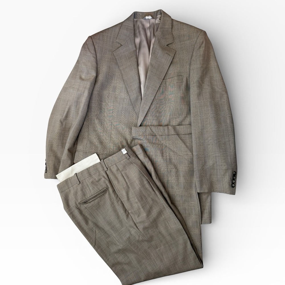 Bespoke Classic Wool Tan/Grey/Brown Glen Plaid Men's Suit